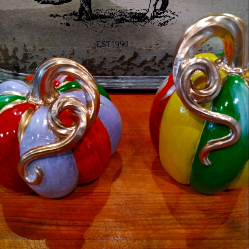 Pair of Resin Pumpkins 5 & 6" Colorful Whimsical Hand Painted by me